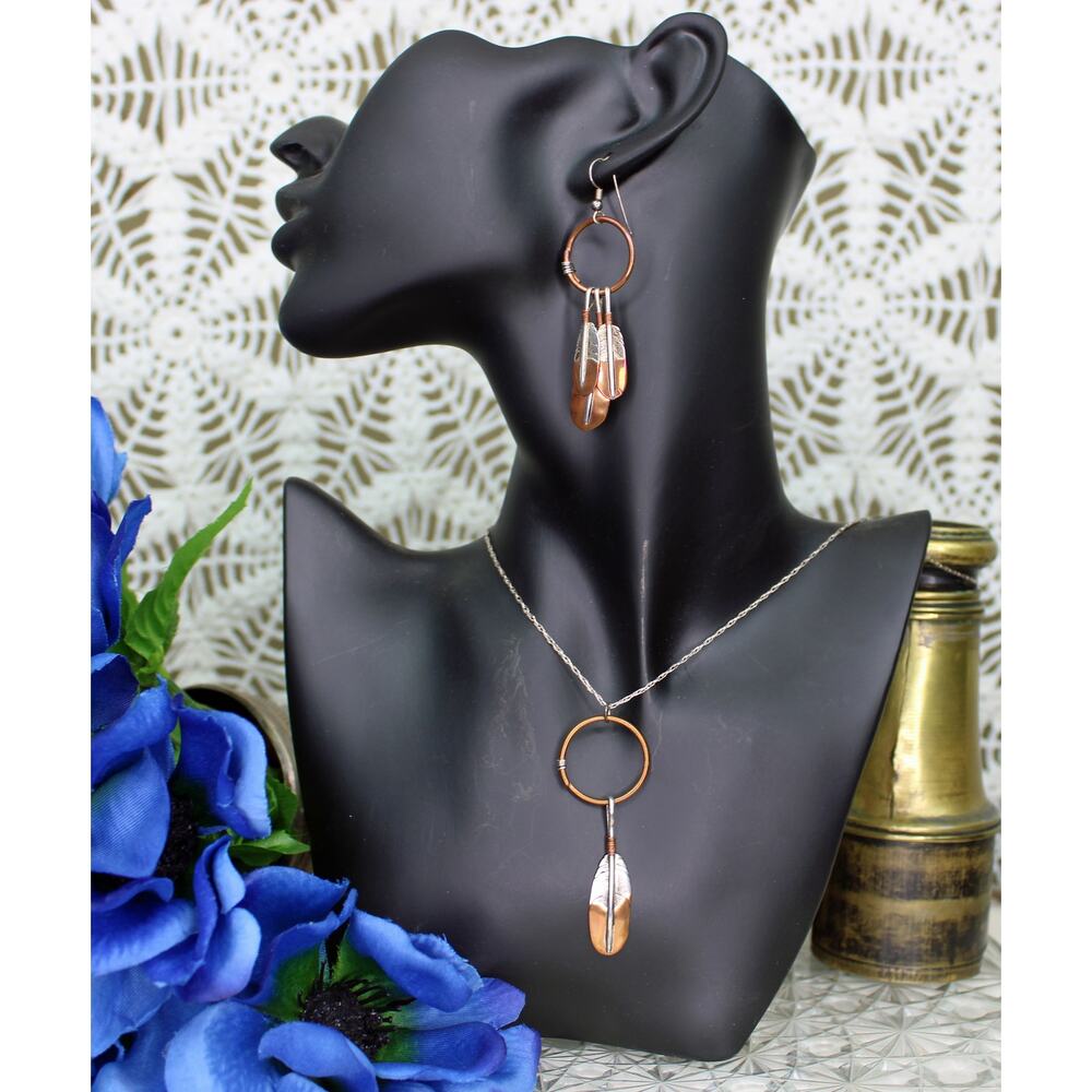 Clemens Signed Sterling Silver & Copper Feather Necklace & Earring Set